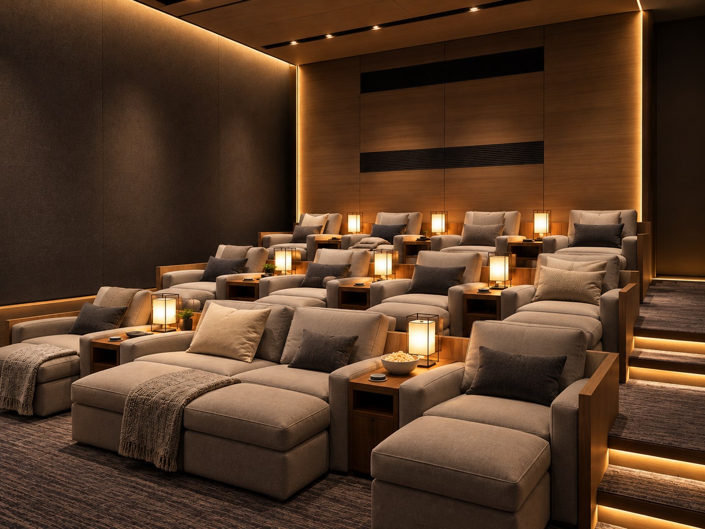 Luxury home theater with tiered reclining seats and warm lighting