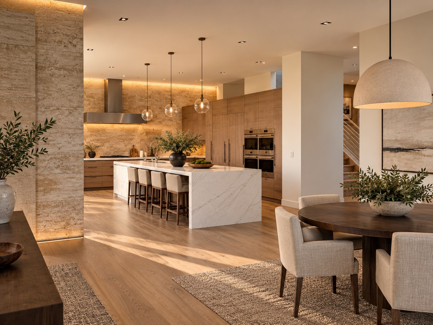Open kitchen and dining space with integrated ceiling lighting