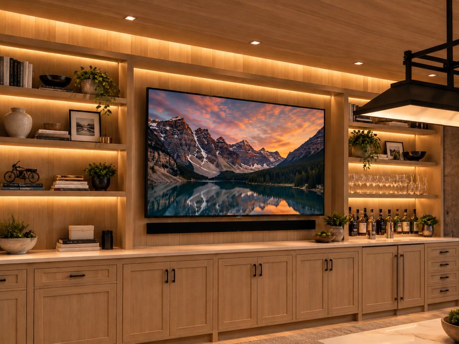 Oak media wall and bar