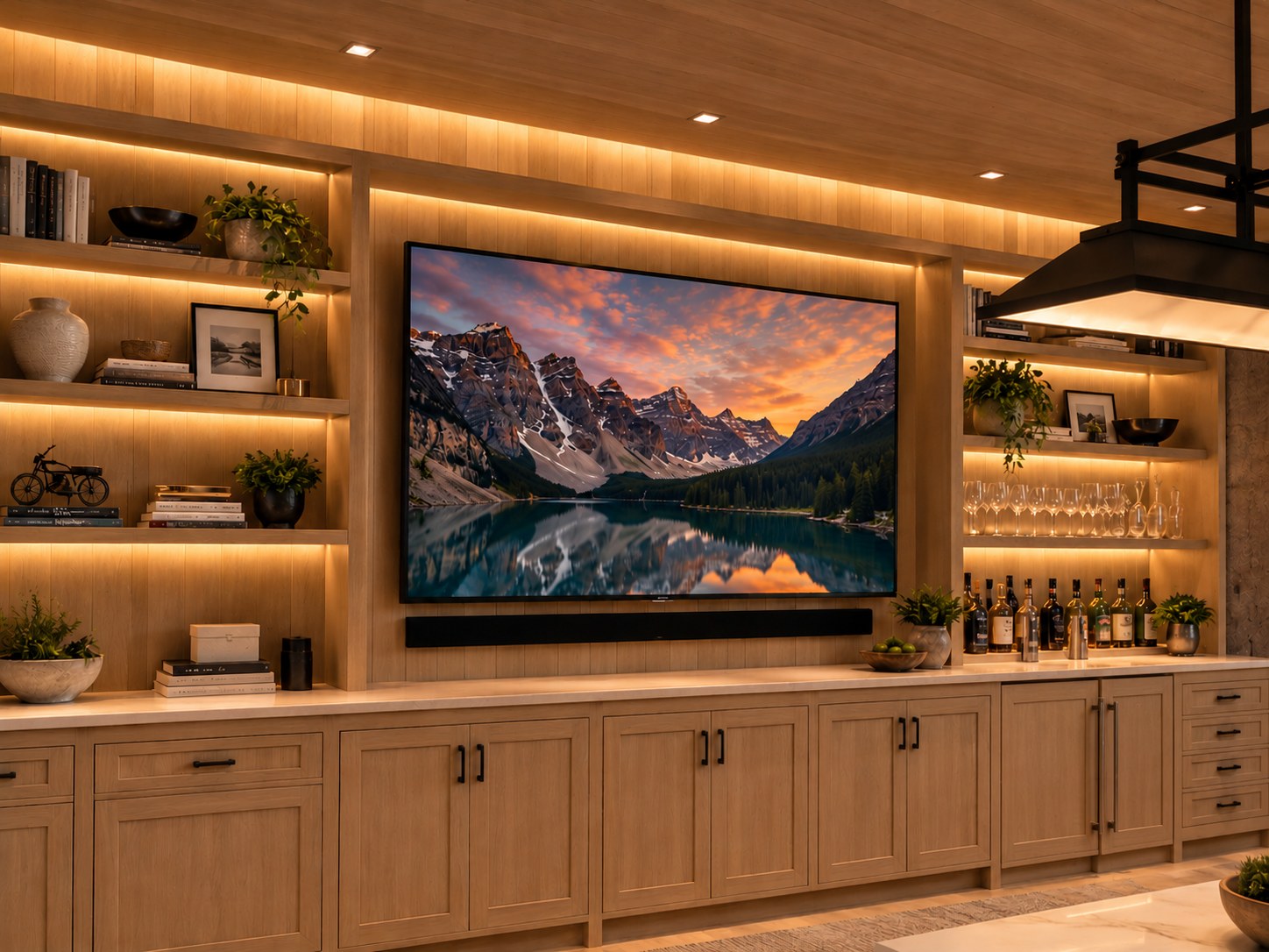 Oak media wall with a large television and integrated home bar